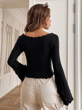 Notched Neck Lettuce Trim Trumpet Sleeve Tee